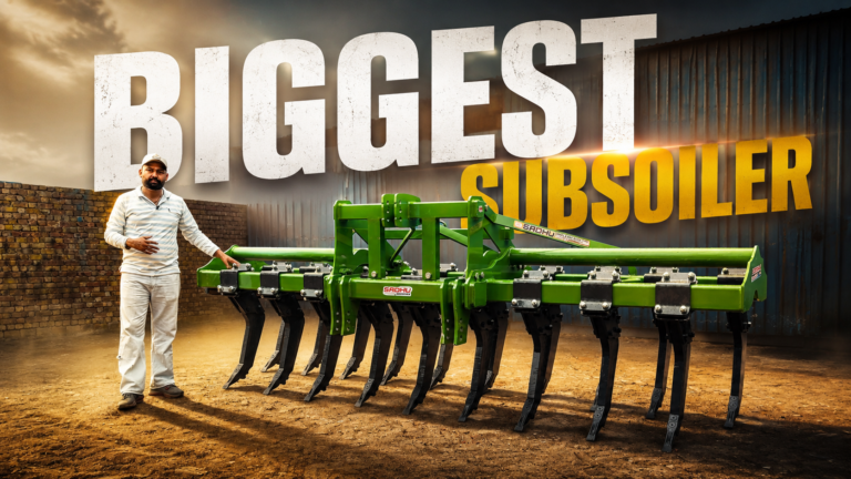India's Biggest Subsoiler featuring 19 heavy-duty tines, a 500 HP tractor requirement, 2.2-ton construction, 125×125 mm heavy-duty frame, adjustable tine spacing, and export-quality engineering by Sadhu Implements.